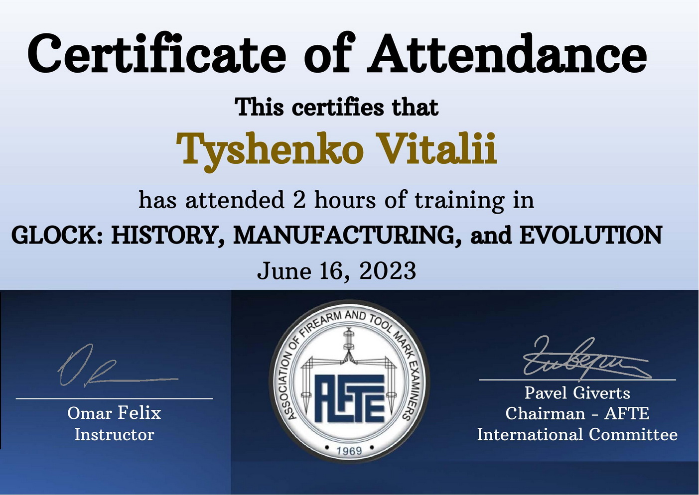 Glock webinar Certificate Tyshenko Vitalii 1
